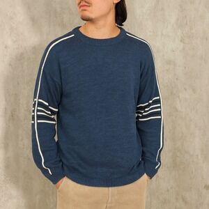 Vintage 90s Anchor Blue Sweater Blue Knit Striped Sleeve Hong Kong Retro Preppy‎